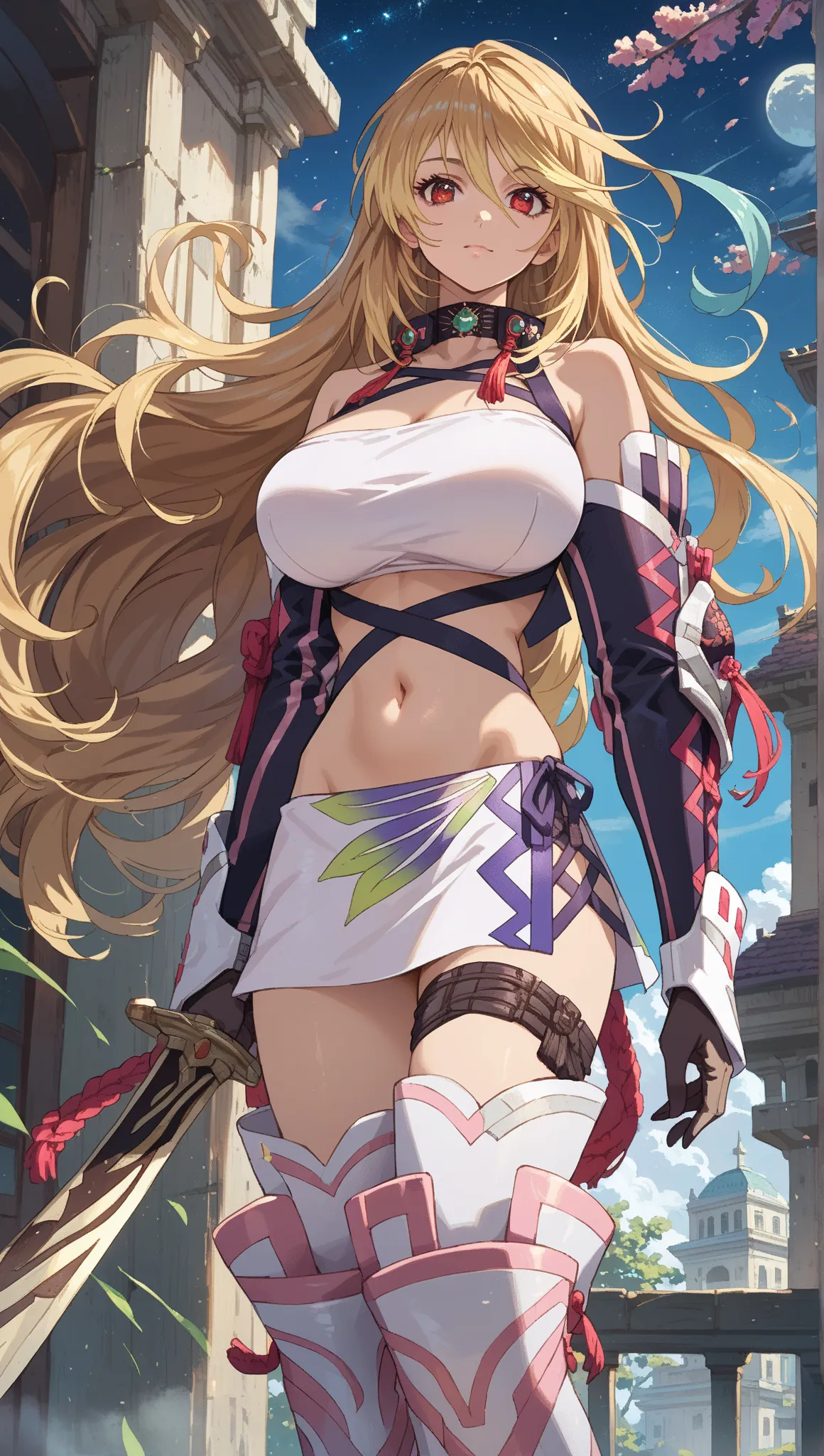 score_9, score_8_up , score_7_up , score_6_up , source_anime,detailed eyes,detailed face,MillaMaxwellBase, 1woman, blonde hair, long hair, red eyes, multicolored hair, navel,  white miniskirt , white strapless, elbow gloves, side slit, asymmetrical legwear...