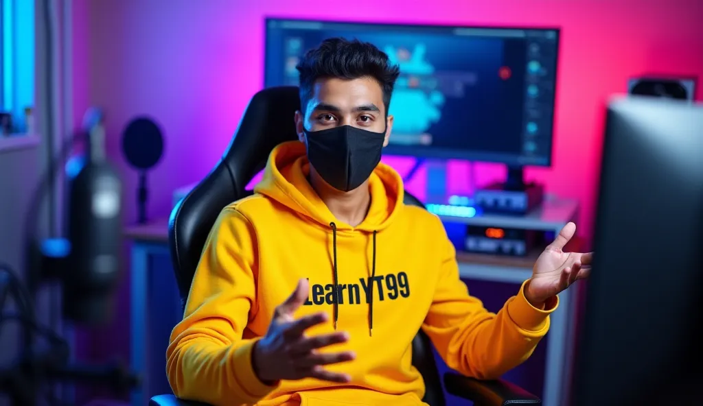 An Indian man sitting confidently on a modern gaming chair in his YouTube studio. He is wearing a bright yellow hoodie with LearnYT99boldly printed on it. His face is clearly visible and expressive despite wearing a sleek black Covid-19 mask. The man is ge...