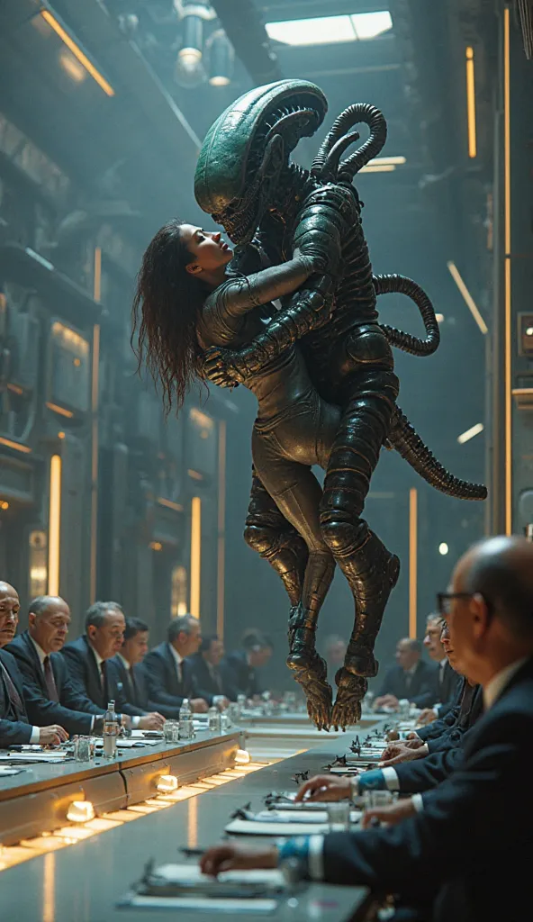 A highly detailed and realistic sci-fi scene featuring an imposing alien choking a  in mid-air. The setting is a futuristic conference room with advanced technology and a large table surrounded by serious-looking officials. The alien has an armored, biomec...