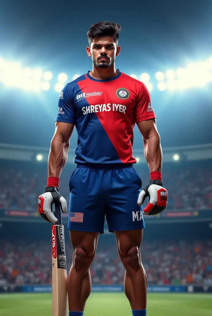 "A hyper-realistic digital painting of Shreyas Iyer as a fusion of a professional cricketer and a bodybuilder. He has a muscular, well-defined physique with bulging biceps, chiseled abs, and powerful legs. He is wearing a half cricket jersey with his name ...