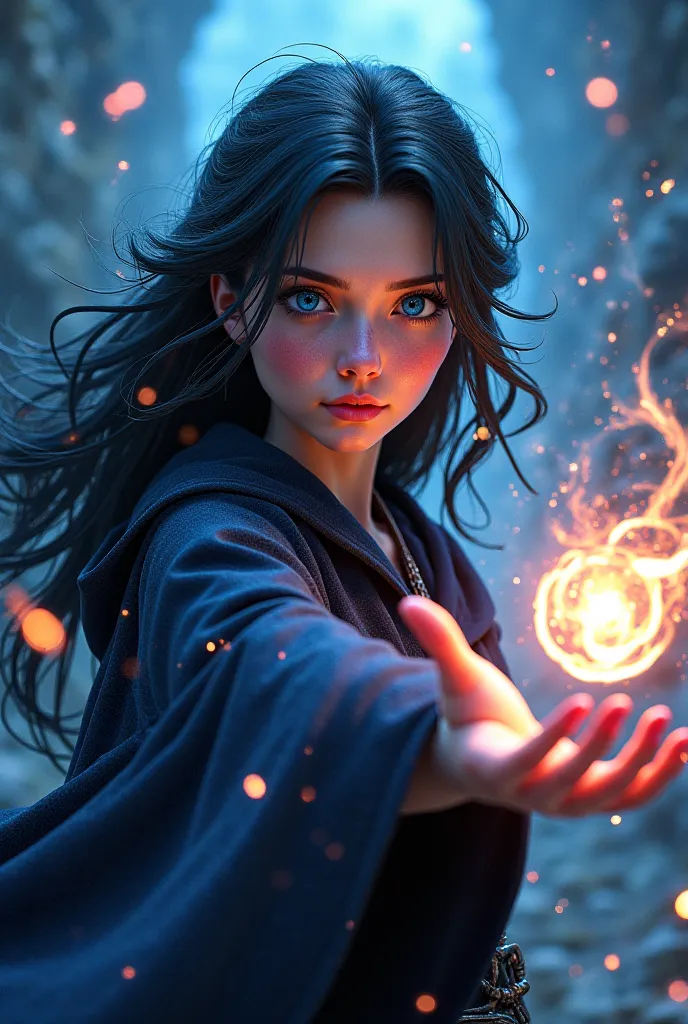 Woman with black hair and blue eyes with a wand Avada Kedavra cartoon 3d 