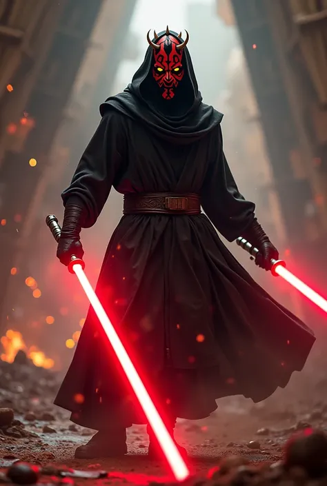 "Create dynamic art: Full-length Darth Maul, depicted in the midst of battle. His twin lightsaber with bright red blades glows, creating trails of light in the air. Darth Maul is wearing his black hooded robe, his face is covered with tattoos, and his eyes...