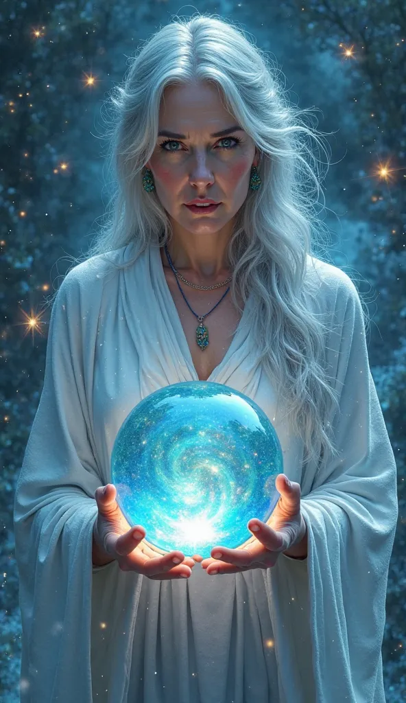 A captivating depiction of a seer HD 50 years old she is dress color white and blue exuding an air and cristal ball