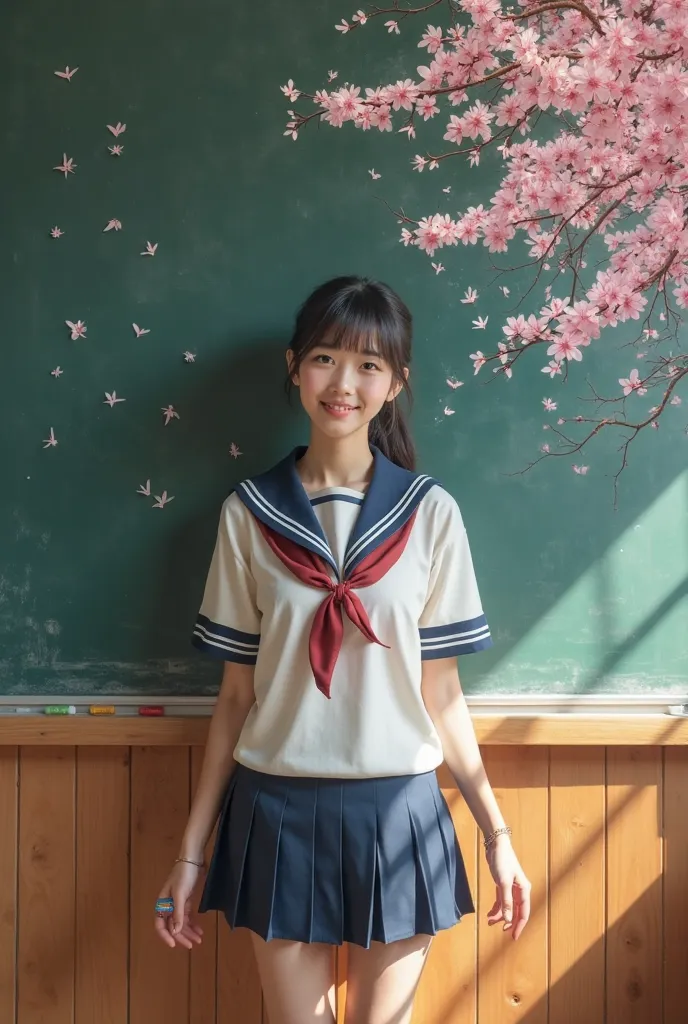 "In a classroom, a young Japanese　woman wearing school　sailor　uniform and a navy mini-pleated skirt stands in front of the blackboard, facing the viewer with a gentle smile. She holds a piece of colored chalk in one hand, and on the blackboard behind her, ...