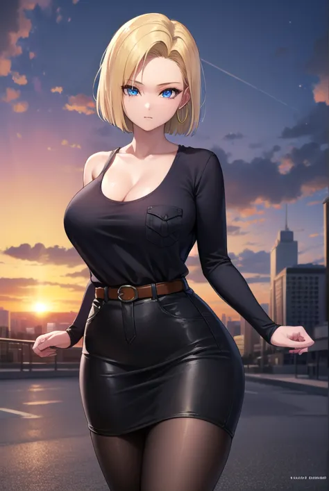 android18, android 18, blonde hair, blue eyes, eyelashes, hoop earrings, short hair, earrings,
BREAK belt, brown pantyhose, black shirt, breast pocket, cleavage, collarbone, black leather skirt, high-waist skirt, jewelry, long sleeves, pocket, shirt, crop ...