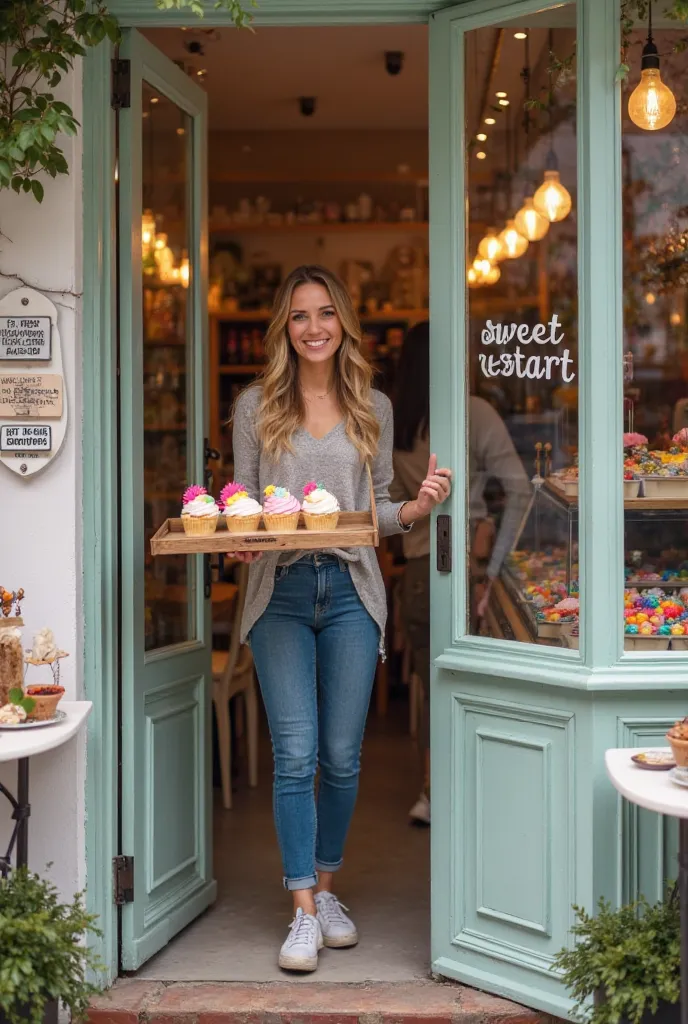 "A charming pastry with a sign written 'Sweet Restart'. at the door, a smiling woman holds a tray with colorful cupcakes.  The environment conveys warmth , with small tables and a display case full of irresistible candies.