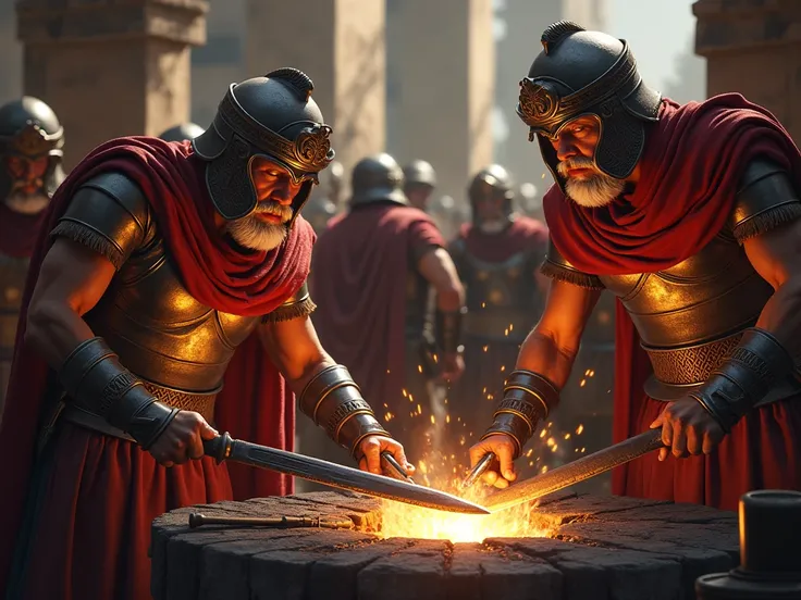 Blacksmiths and craftsmen producing weapons for the new professional army, with pilums and gladii being tempered in the fire. Centurions inspect the quality of the equipment.