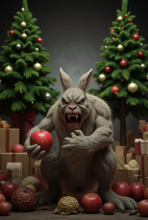 angry hare grinds his teeth, apple in hand , two Christmas trees in the background