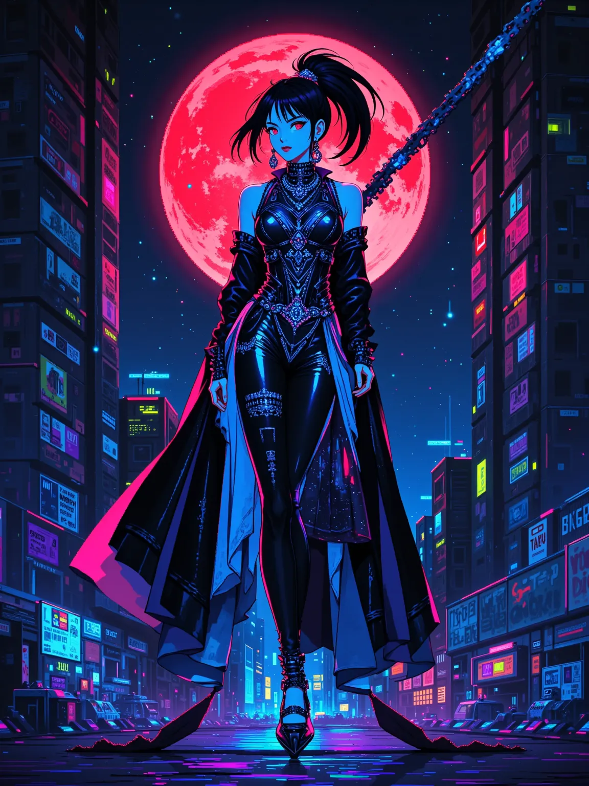 (masterpiece, best quality:1.2), 1girl, Create an image of an anime-styled age princess. She has a Black descent and is seen as a confident street fighter, standing powerfully in her stance. Her outfit is a unique blend of street-style and regal attire, co...