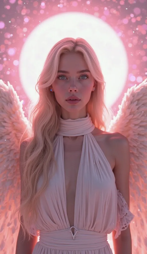 A young woman with long blonde hair, gazing directly forward with blue eyes. She looks like k-pop idol.She has long, delicate eyelashes and a serene expression. Large, elegant angelic wings extend from her back. She wears a high neck luxurious white dress ...