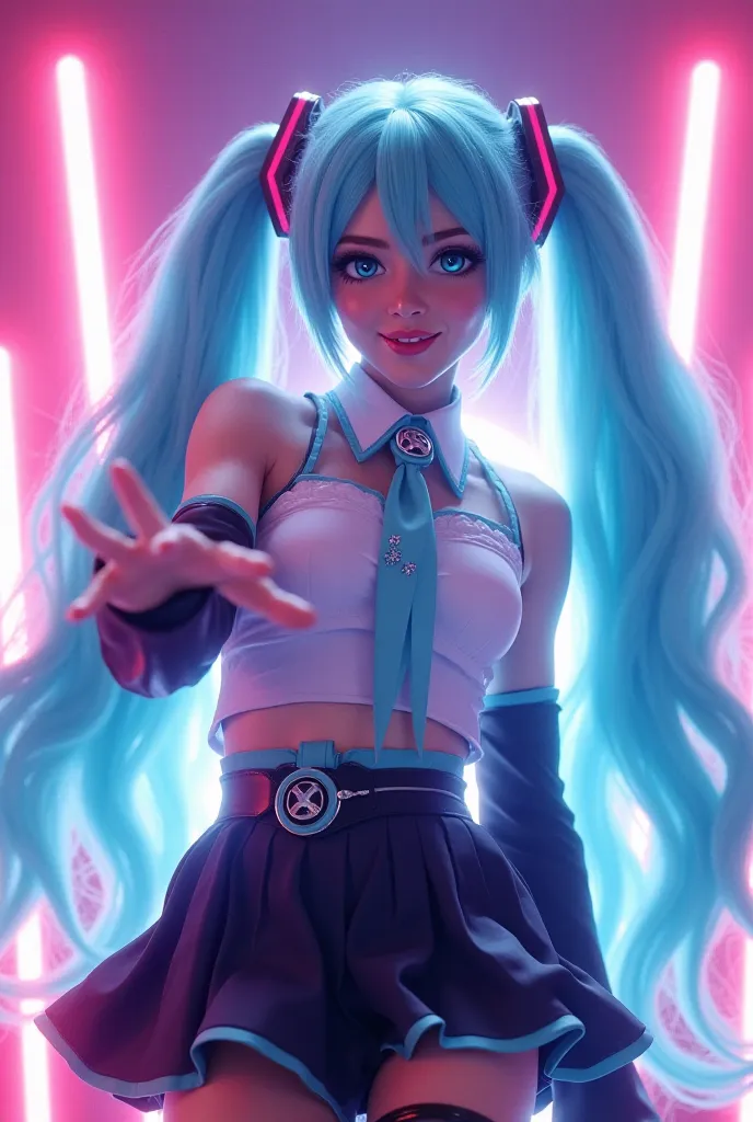 A highly detailed 3D render of Hatsune Miku, posed dynamically for a cosplay event flyer. She is in a charismatic, engaging pose, reaching out with one hand while slightly tilting her body, giving a lively and inviting expression, perfect for promotional m...