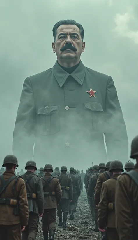 Soviet soldiers marching under a massive portrait of Stalin in a foggy battlefield. WWII