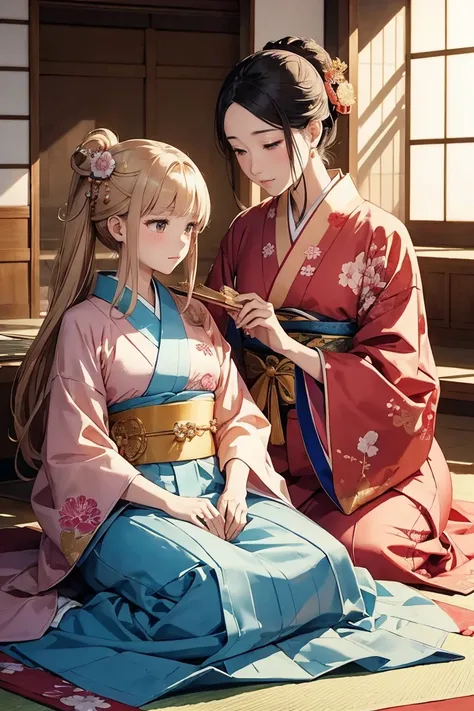 A beautiful water color-style illustration of a Japanese king and an elegant princess in intricate, layered kimonos. The princess gold wears a twelve-layered kimono with an outer pinkgold kimono. They sit side by side on a red felt mat in front of a gold f...