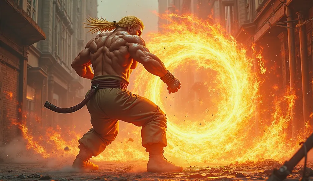 Ken Street Fighter 2,gold long hair, throwing a fire vorteks ball to enemies, photorealistic, photo 8k