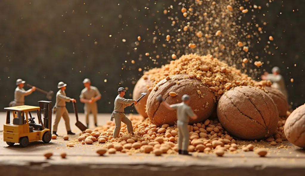 A team of ((realistic human miniatures)) is chopping enormous almonds on a rustic wooden table. Some workers use tiny axes, while others operate miniature saws to slice through the hard shell. A miniature forklift is transporting almond pieces, and a tiny ...