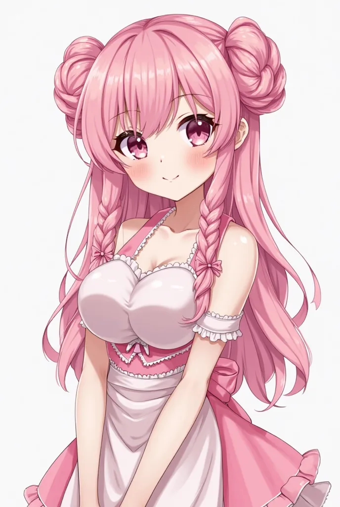  top quality　  Masterpiece  　 high definition 　  Masterpiece  　 pink long hair, curly hair,　　  pink Eyes 　, twin bun bun hair, big breast, seductive, flirty,  blushing, plain backround, no backround, white backround, gyaru, make up, apron, only wear apron