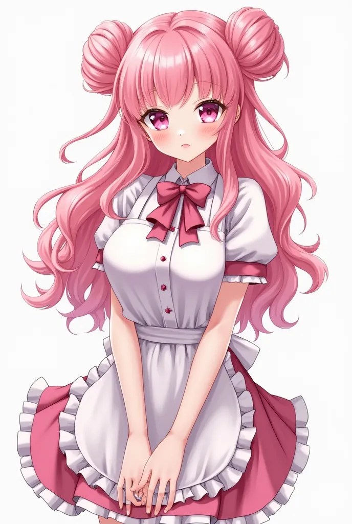  top quality　  Masterpiece  　 high definition 　  Masterpiece  　 pink long hair, curly hair,　　  pink Eyes 　, twin bun bun hair, big breast, seductive, flirty,  blushing, plain backround, no backround, white backround, gyaru, make up, apron, only wear apron