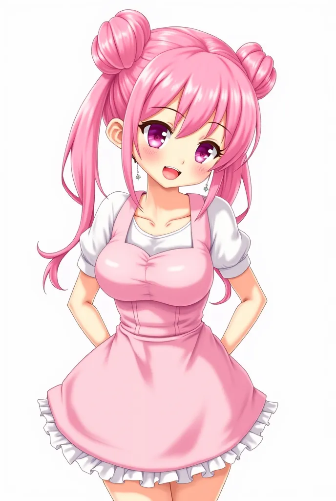  top quality　  Masterpiece  　 high definition 　  Masterpiece  　 pink long hair, curly hair,　　  pink Eyes 　, twin bun bun hair, big breast, seductive, flirty,  blushing, plain backround, no backround, white backround, gyaru, make up, apron, only wear apron