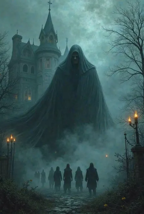 Generate Realistic image "prompt" Prompt: Thick supernatural mist filling a haunted mansion as a dark ghostly figure moves menacingly towards a frightened group.