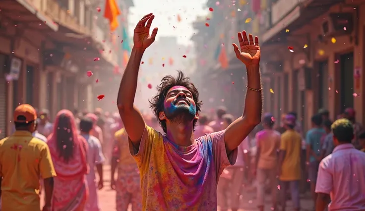 "A joyful 18 year old Pakistani man with deep expressive eyes celebrates Holi in the streets of India. His face is adorned with vibrant colors, and his clothes are covered in bright powder and flower petals. He raises his hands in excitement, eyes closed w...