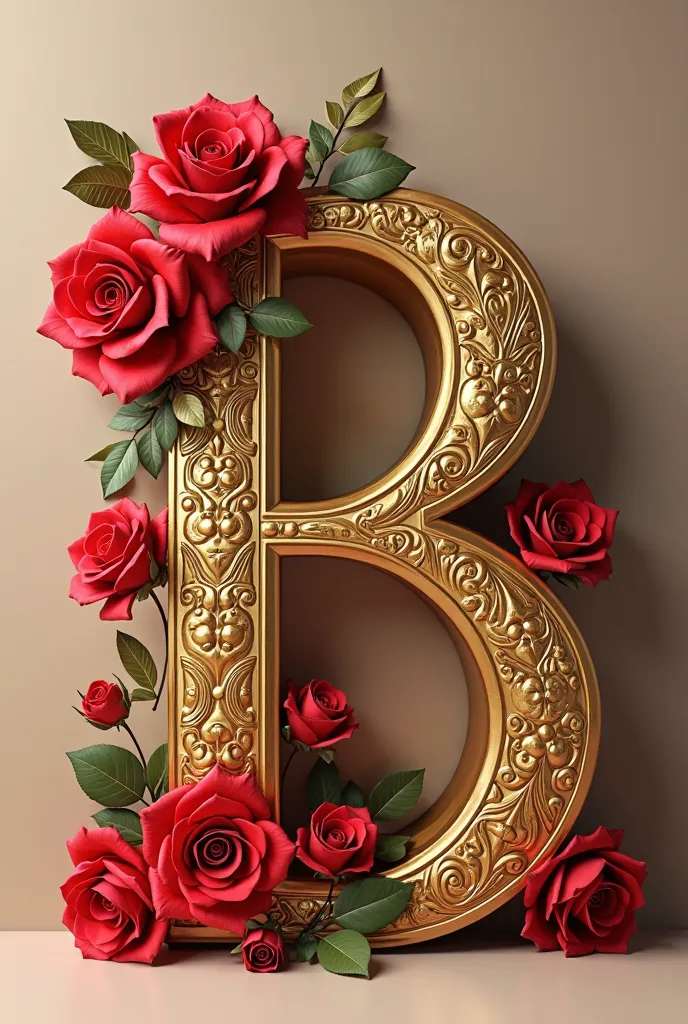 Golden personalized letter B with roses in 3d