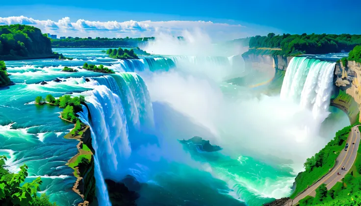 (Best Quality),(masterpiece:1.2),(very well detailed:1.2), super high definition ,RAW color photos,8k, Expansive Landscape Photos ,Spectacular landscapes,realistic pictures,Detailed photos,written,sharp concentration, in the cloud,(Niagara Falls is two-...