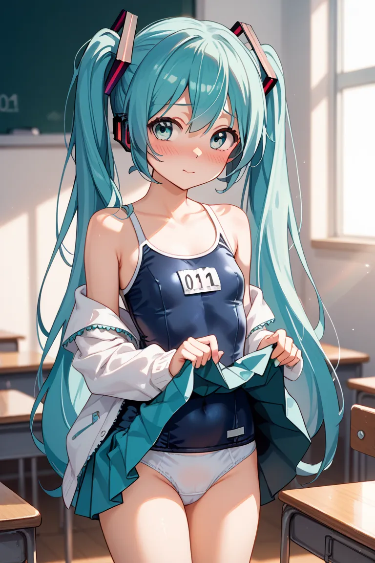 Hatsune Miku wears a school swimsuit, lifts up her skirt, and shyly shows me her pants