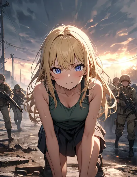 (anime)、(masterpiece:1.2),Atmospheric Perspective,lens flare、Foggy Battlefield, Makes the world look grey、 The female soldier is crouching.。With an irritated look on his face, he vows revenge..。Rain-soaked hair、blond with a big face、Blue Eyes、tank、Traces o...