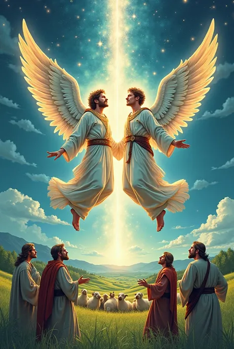 Two male angels appearing to shepherds in the fields, with a heavenly light shining on them. In comic book style 