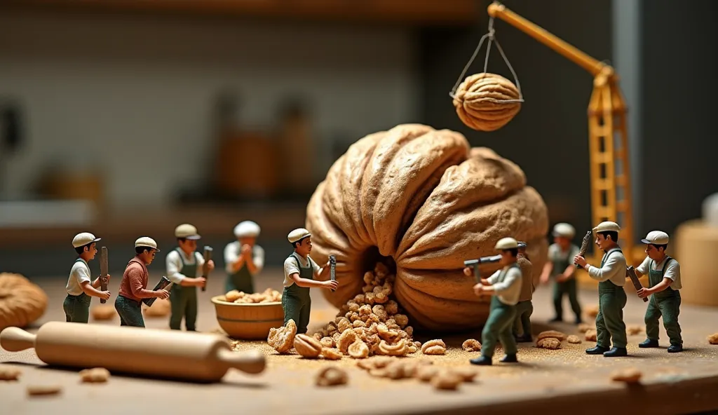 A group of ((realistic human miniatures)) is gathered around a huge cracked walnut, working as a team. Some workers use tiny chisels and hammers to break the nut into smaller pieces, while others carry chunks in tiny baskets to a large mixing station. A mi...