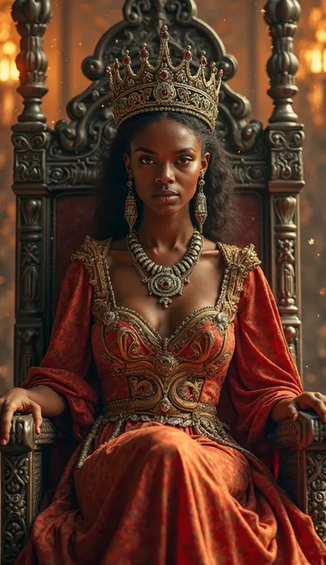 "A powerful and mesmerizing African queen sits on an ornately carved medieval throne, her piercing gaze exuding confidence and authority. She wears a majestic, intricate metal crown, adorned with fine detailing and gemstones, symbolizing her divine rule. H...