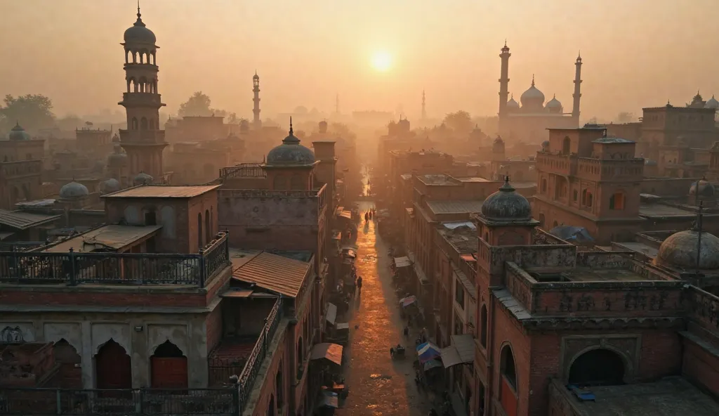 From a high drone perspective, the historic city of Lahore awakens in the soft glow of Fajr. The early morning light bathes narrow, winding streets and centuries-old brick buildings with intricate wooden balconies and ornate arches in a warm, golden hue. I...