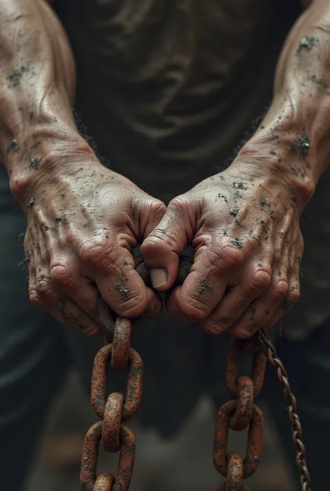 In the foreground big, dirty hands holding a large rusty chain