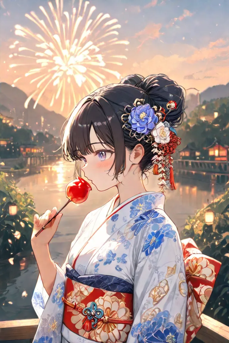 masterpiece,Best Quality,Super Detail,8k,one girl　cute　Black hair bun　 Big Flower Hair Ornament 　yukata　 with candy apples in the background　 Fireworks　Riverbank　Riverbank　