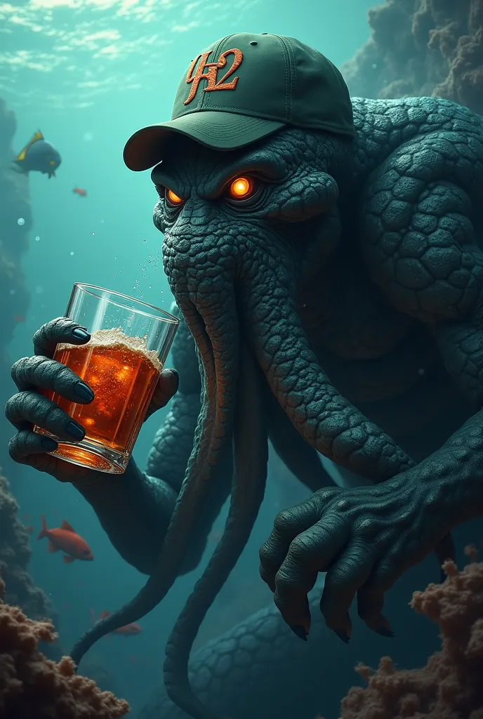 A Kraken with a cap marked UFL2 drinking a glass of Kraken rum