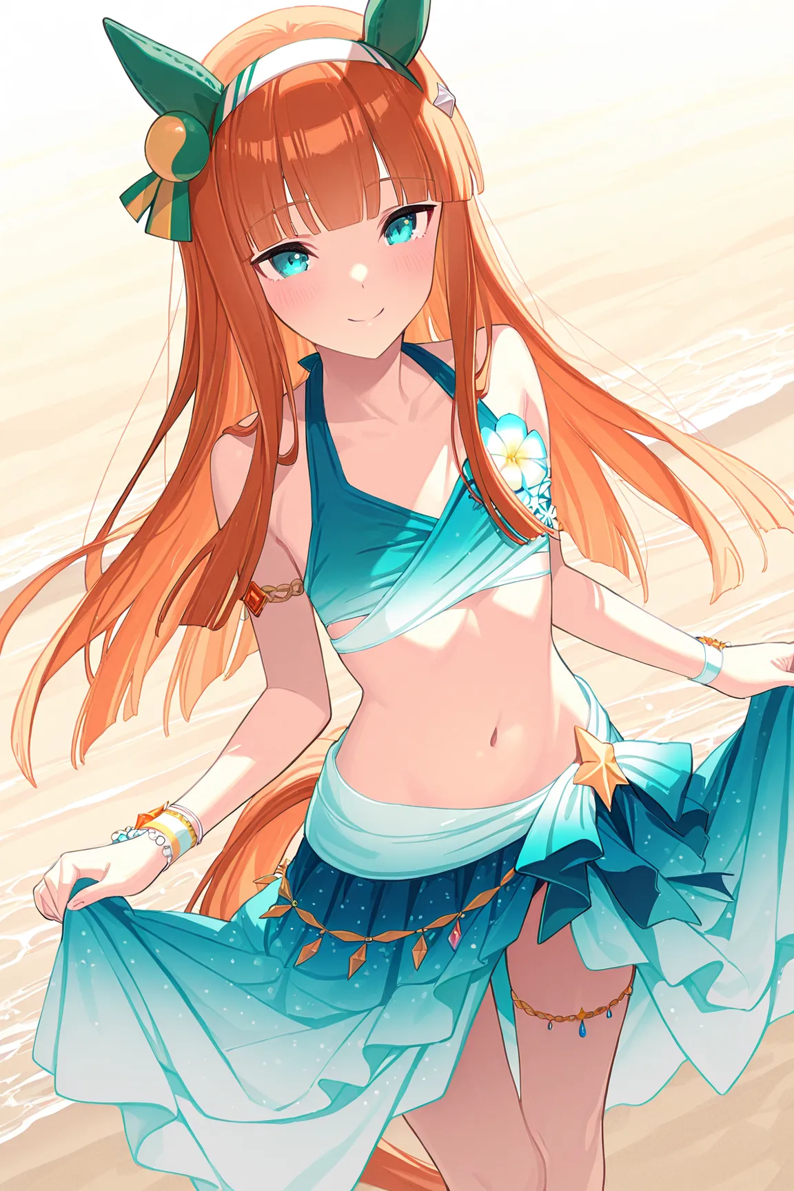 best quality 、masterpiece、 1 girl、  1girl ,Alone,silence_suzuka_swimsuit,silence_suzuka_(umamusume、long hair、 animal ears 、 ear covers、 orange hair、 band、(( tea hair)),、flat chest,Play on the beach、smile、Get excited、