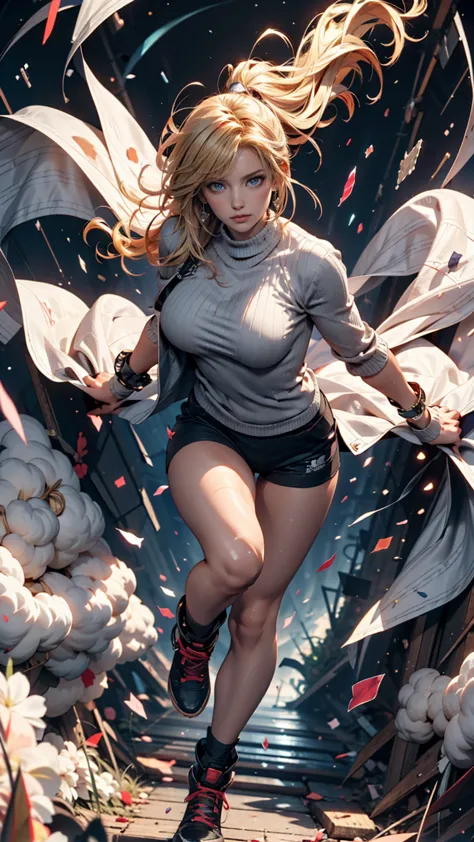 masterpiece, best quality, sour,  grey sweater, black leotard（High-leg）, Spinning, spin, blond hair, superhero,  Bbo~,  Tornado, Rotatewind, Alone, Bare legs, Rotate,  Wind Effect , spinning into a  Tornado, fast spin, stand,  Time Travel ,  Time Travel , ...