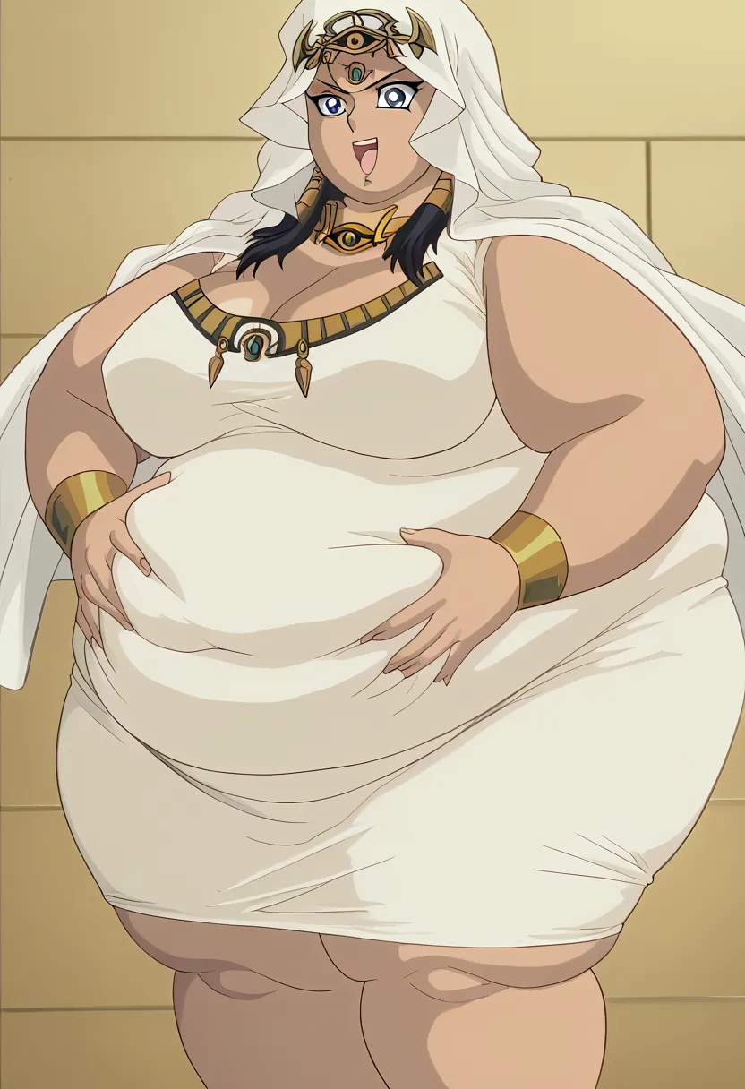 score_9, score_8_arriba, score_7_arriba, BREAK source_anime, RUPTURE II, 1 girl, Alone , looking at the spectator,  smile, diadema con el  eye of Horus ,   eye of Horus  ,  forehead jewel ,  headscarf , business suit, gordo, chubby,  obese,  giant arms and...