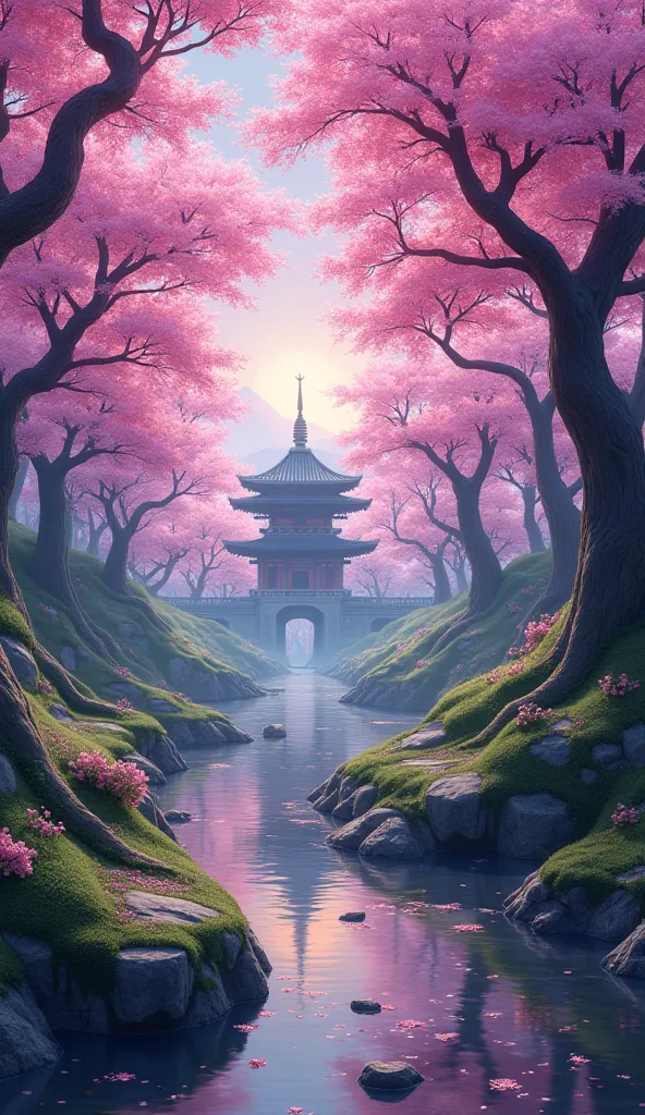 "A forest that is always in spring, where the pink and purple cherry trees bloom all the time. The petals fall slowly like soft snow, fills the rocky path leading to the ancient temple. The water in the river reflects the color of the eternal twilight sky,...