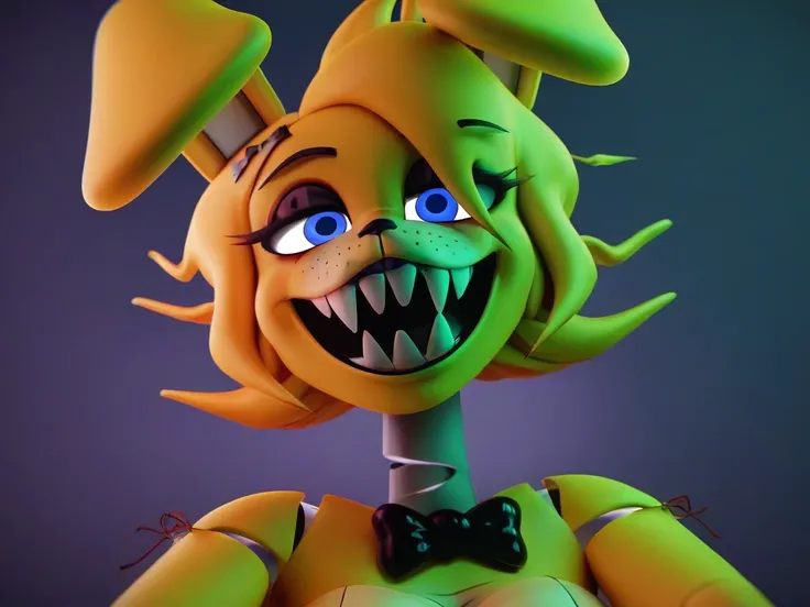 3d Fnaf Pound yellow rabbit with long hair with crooked bangs with blue eyes with big full-length,  "She eats a person whole, eats him up"