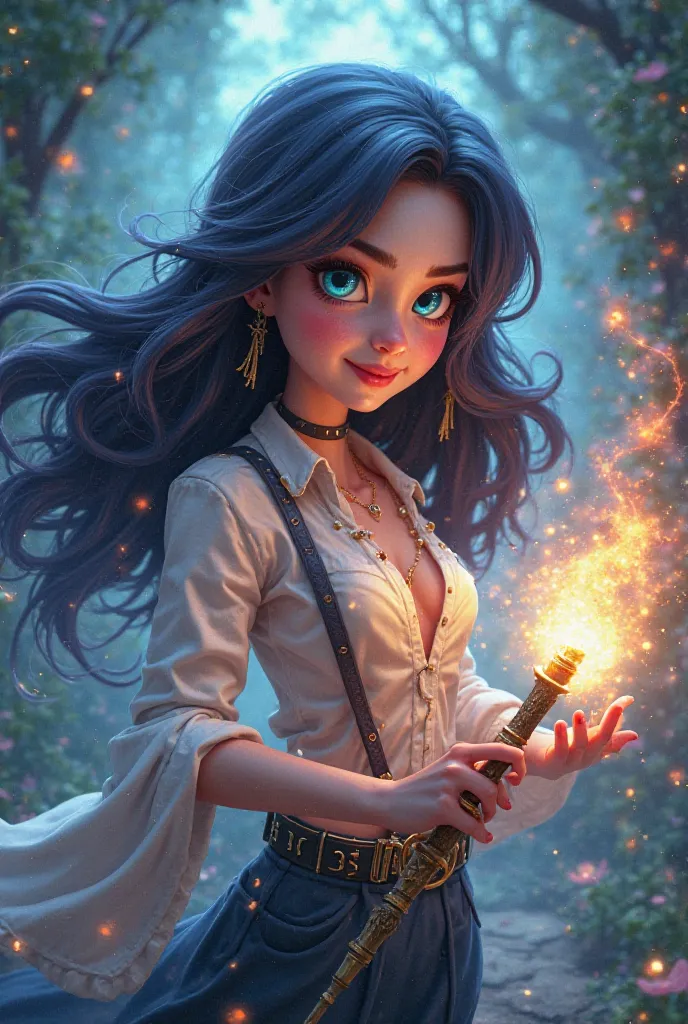 Woman with black hair and blue eyes cast a spell with a magic wand cartoon 3d 