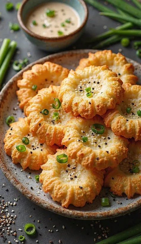 Hgraphic elements, Dynamic Light, Cinematics, HDR, UHD, professional PHOTOGRAPH OF:

Crispy Scallion Perfection: Capture a top-down shot of a beautifully arranged platter of freshly baked scallion crackers stacked artfully in different layers. Surround the...