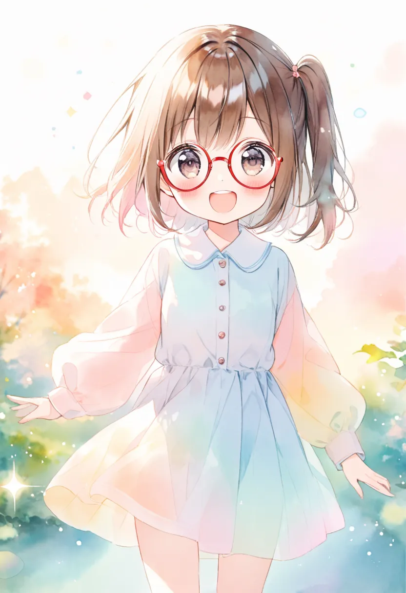 (ultra detailed:0.7), cover image, (soft pastel tones, watercolor, (bright color:1.3), transparent, gradation, harmonious and calm atmosphere:1.1), 1girl, , Elementary school girl, brown hair, big eyes, black eyes, ((red round eyewear:1.2)), side ponytail,...