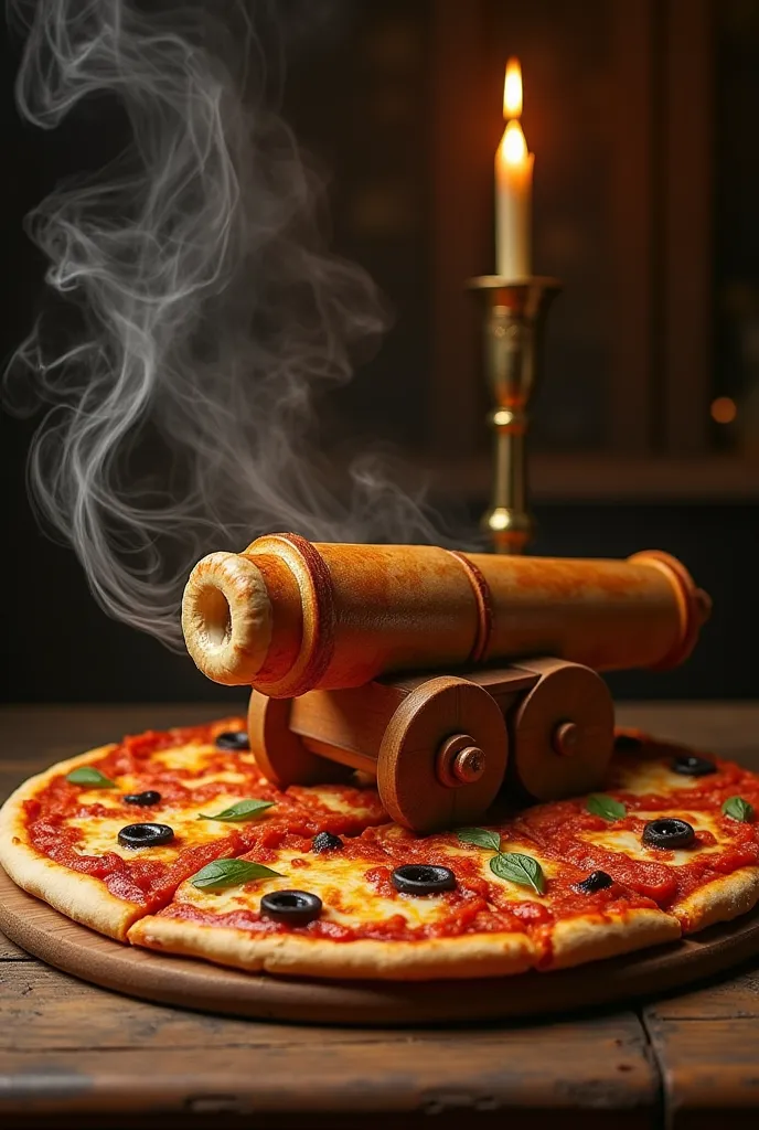 A "Ramadan cannon made of pizza" is an imaginative, playful fusion of traditional symbolism with modern cuisine. The cannon, representing the age-old tradition of firing at the time of Iftar during Ramadan, is reimagined here using pizza as its base.