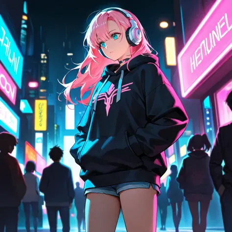  pink headphones 　 white hair　long hair　night　Cyberpunk city　 girls on the left　black hoodie　pink and blue hem