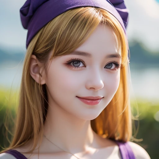 Masterpiece,  best quality ,  best quality , (  intricate detail :1.2),  beautiful eyes,  1 girl, Alone, Outdoors,  blue sky, cloudy, Bokeh,  lens flare, anamorphic  lens flare,  allows depth of field ,  enchanting face ,  bewitching smile, {{heanna_violet...