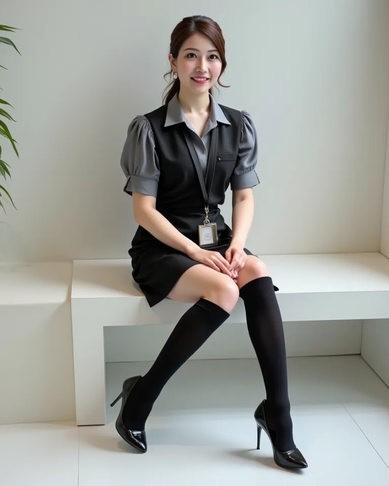 (    photorealism   :1.2)、 full body portrait 、Smelling black high  socks 。  beautiful日本人モデル、39;  thick legs、  woman  、39;   Office worker uniform    、   I'm hanging a security card from my neck　Black High Heels   、smile、Bench on the White Floor 、  Open yo...