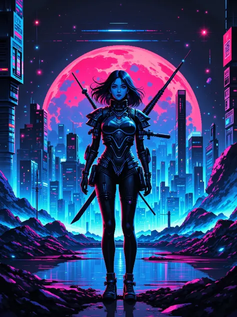 (masterpiece, best quality:1.2),  1girl , Warriors in the ruins of a city full of futuristic technology, In addition to cold light,, also emits electronic blue light, The overall tone of the picture is mainly cold colors, interlaced with neon lights, The l...