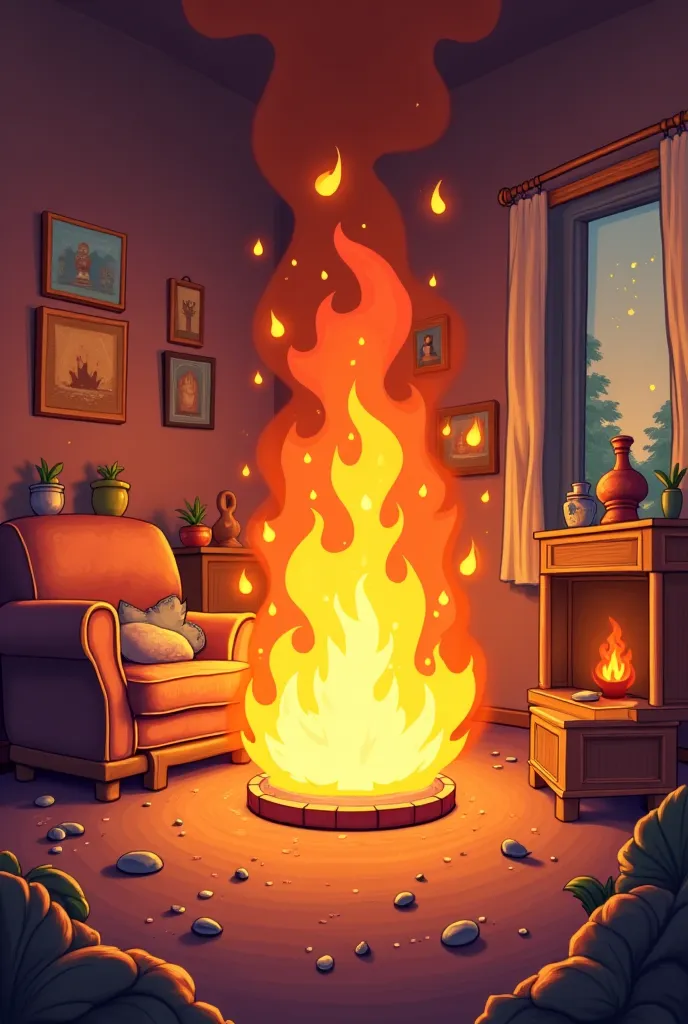 I want to create a game for Students, students look for objects that can cause fire in the picture and circle around, please make a picture of that room in cartoon style , give it people and there is no need for fire