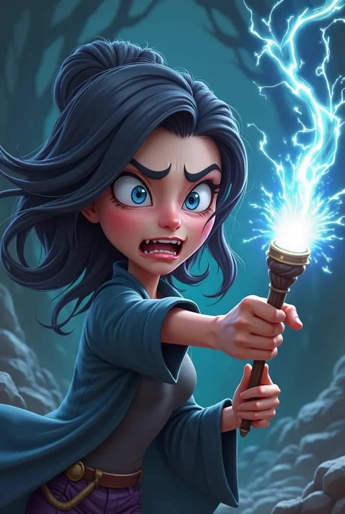 Angry black haired woman with blue eyes cast an Avada Kedavra spell with a magic wand cartoon 3d 